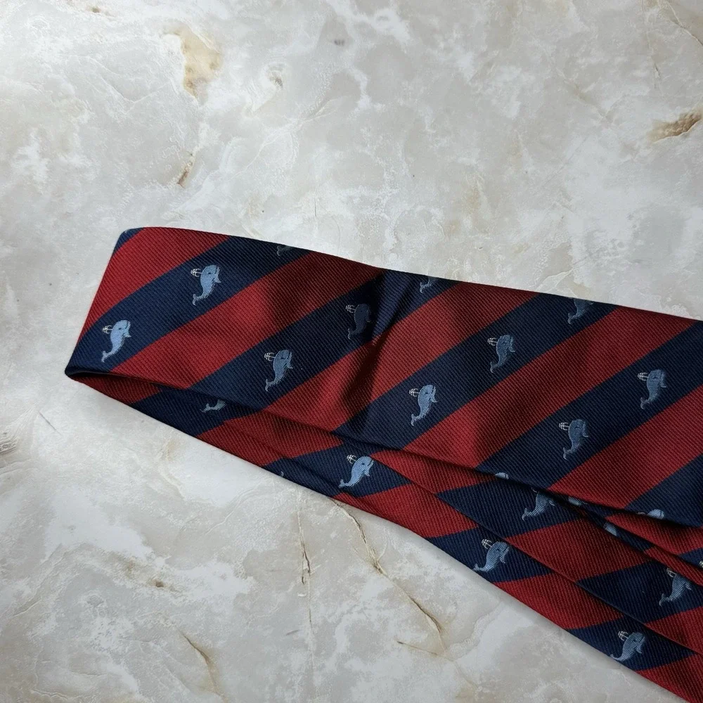 NWT J. Crew Men's Silk Necktie Diagonal Stripe Whale Print Red Blue 3 1/2